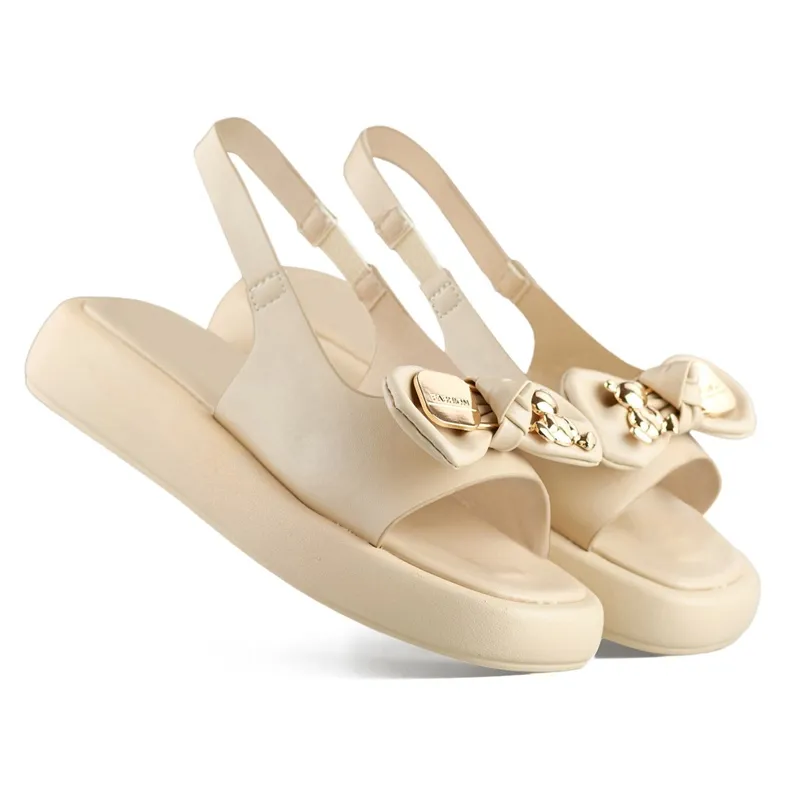 Beige women's platform sandals with a teddy bear bow