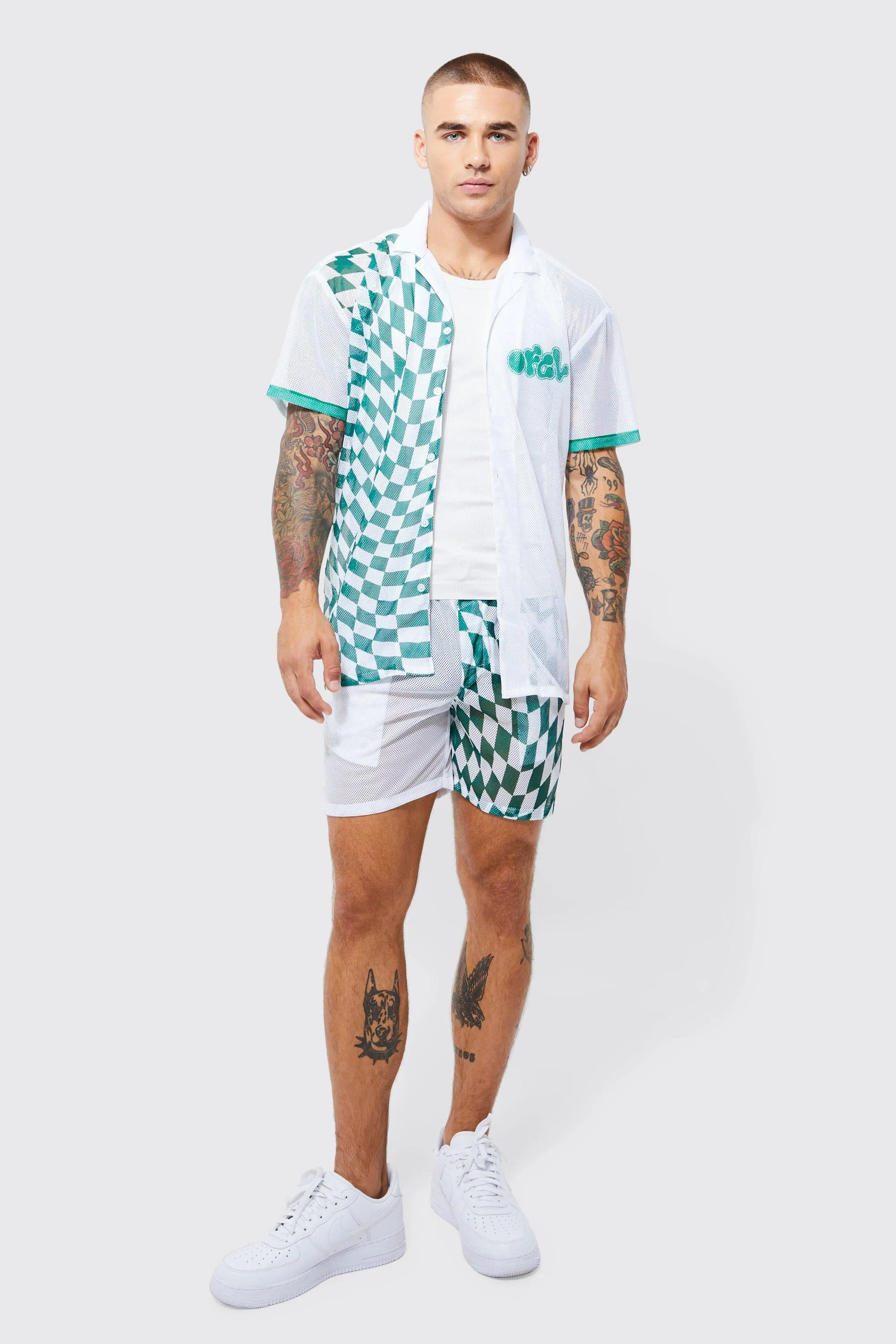 Short Sleeve Oversized Print Mesh Shirt And Short | boohooMAN UK