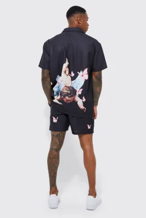 Short Sleeve Oversized Slub Angel Back Shirt & Short | boohooMAN UK