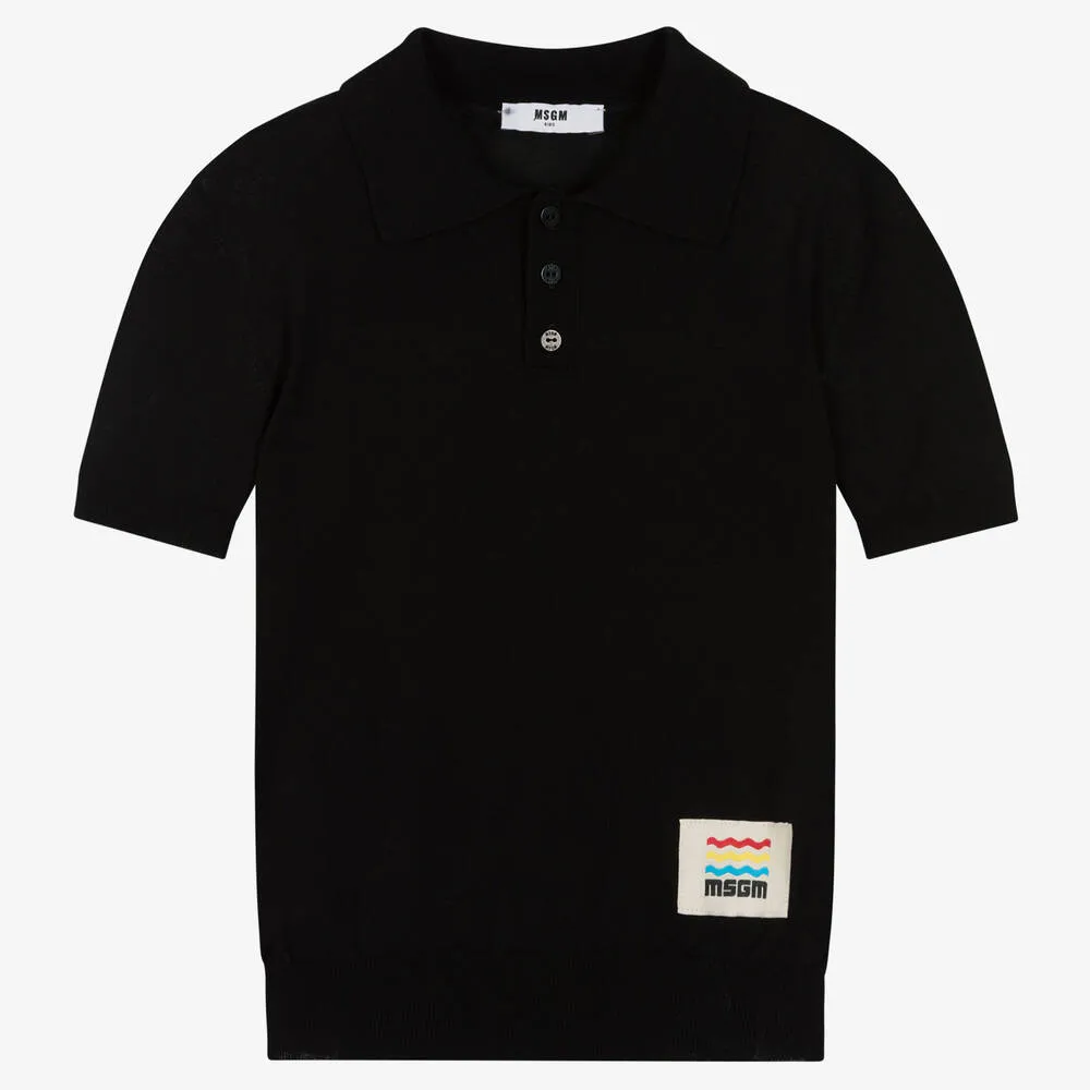 Teen Boys Black Knitted Polo Shirt