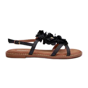 Women's Flat Sandals Decorated with Flowers, Black Abidina