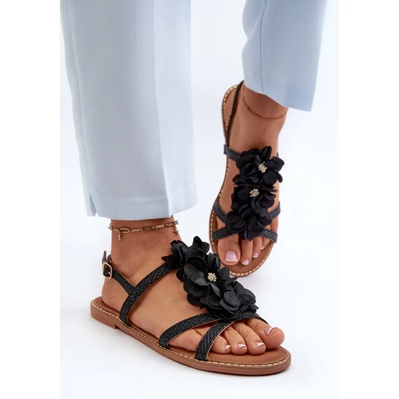 Women's Flat Sandals Decorated with Flowers, Black Abidina