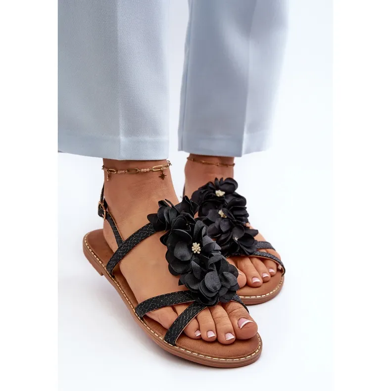 Women's Flat Sandals Decorated with Flowers, Black Abidina